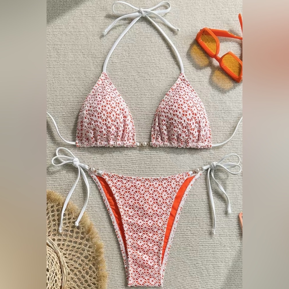 White Crochet Orange Underlay Pearl Accents Side Tie Bikini Set